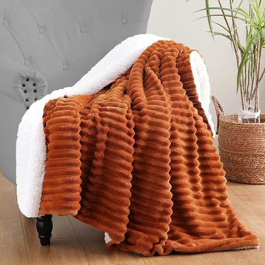 Burnt Orange Sherpa Fleece Throw Blanket 50?€???60?€? for Couch Sofa Bed,Double Side Soft Fuzzy Cozy Plush Thick Flannel Blanket with Striped Design Gift for Mother Woman