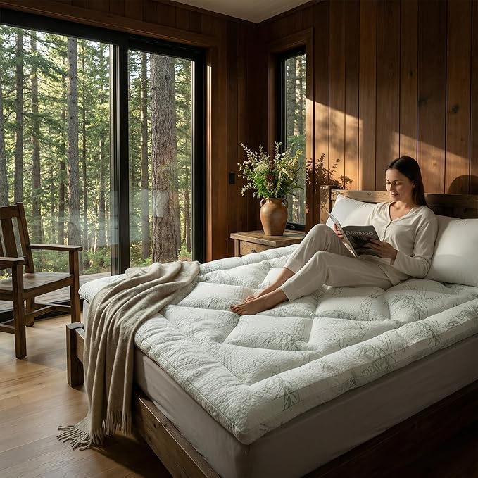 Bamboo Mattress Topper Full Size with Deep Pocket 1700 GSM Fill Cooling Shredded Memory Foam Mattress Pad Rayon Derived from Bamboo, Ideal for Side Sleepers, Back Pain, Hot Sleepers