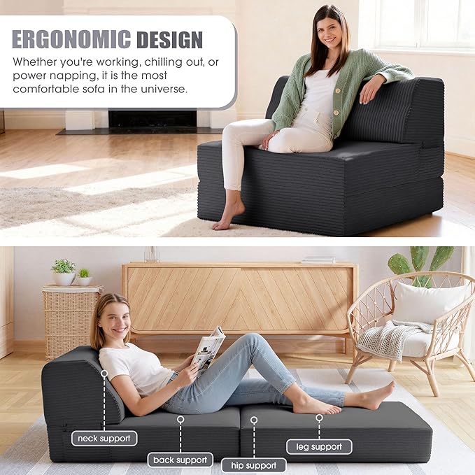 Folding Sofa Bed with Pillow, Memory Foam Fold Out Chair Bed, Convertible Sleeper Chair with Washable Cover, Futon Floor Couch for Living Room/Dorm/Guest Use/Home Office/Apartment, Gray