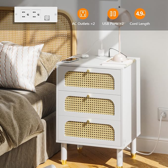 VINGLI Rattan Nightstand with Charging Station, 27" Tall White Nightstand with 3 Drawers for Bedroom, Boho Mid Century Modern Bed Side Table/End Table (White, 1 Pack) - Image 5