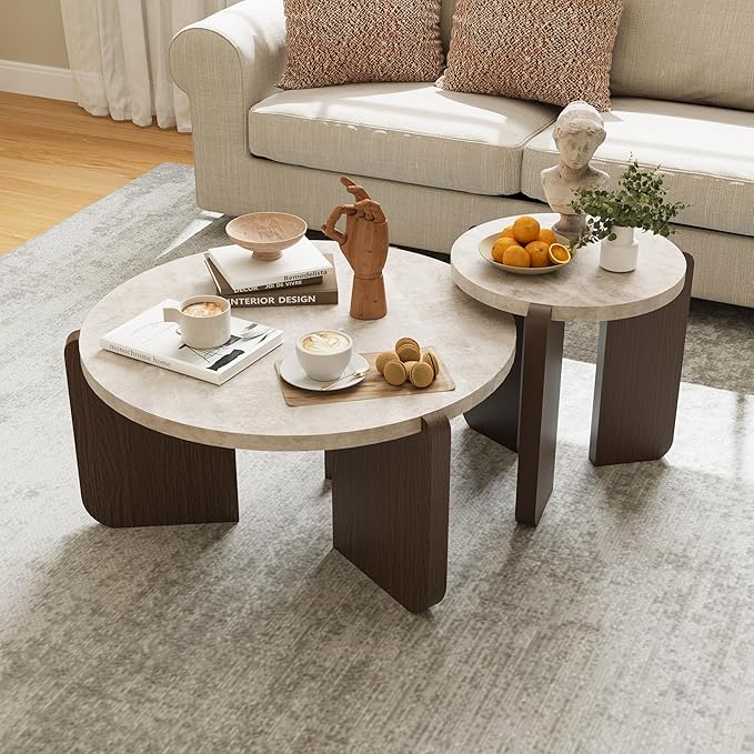COSIEST Modern Round Coffee Table & Side Table Set, Faux Marble Wood Top, Walnut & Cream White Legs, Minimalist Living Room Center & Accent Table(2 PCS)