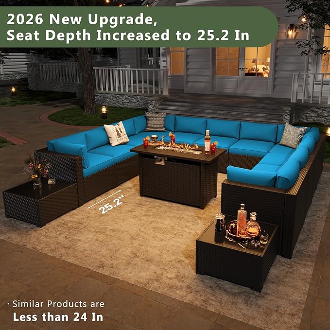 Aoxun 15 Piece Patio Furniture Set with 44” Fire Pit Table, Wicker Rattan Patio Sectional Sofa, Outdoor Furniture Set with Thickened Cushion, Light Gray