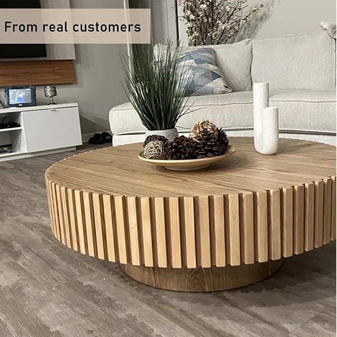 Round Coffee Table, 39.37" Coffee Table, Wood Coffee Table for Living Room, Handcrafted Relief Carving, Easy Assembly, Oak