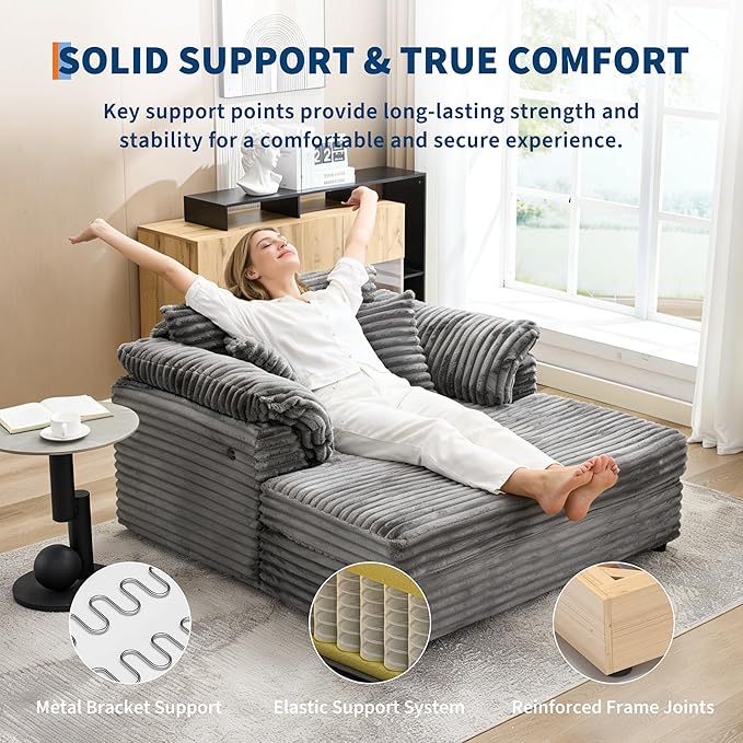 Oversized Chaise Lounge Chair59 * 54 Inch Indoor Comfy Corduroy Cloud Sleeper Couch Upholstered Sofa Bed with USB Port Throw Pillows Supportive Armrests for Living Room
