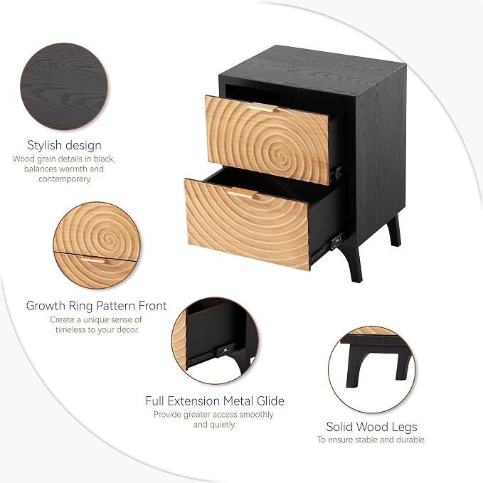 COZAYH 2-Drawer Farmhouse Nightstand with Handcrafted Wood Ring Motif, Black Nightstand for Bedroom, Fully-Assembled, Morden Rustic - Image 4