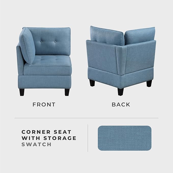 Lexicon Modern Modular Corner Chair with Hidden Storage, Textured Fabric with Button-Tufted Design, Reversible Back Cushion for Living Room/Bedroom/Office, Blue