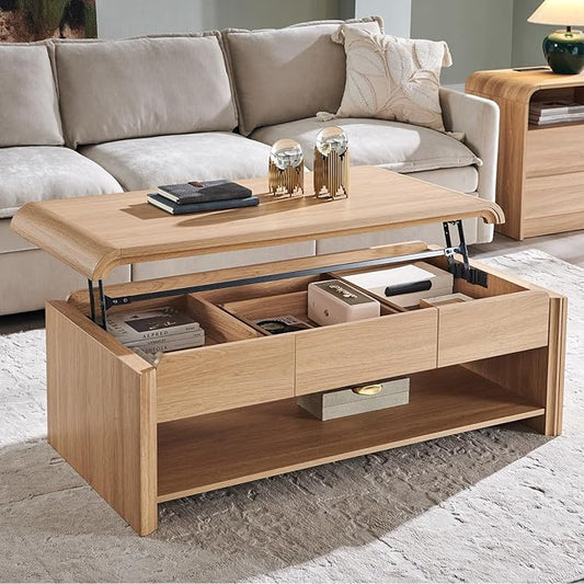 47" Lift Top Coffee Table with Storage, Modern Coffee Table with Pull-Out Drawer and Two-Tier Storage, Rectangle Wood Center Table w/Curved Profile Design for Living Room, Natural