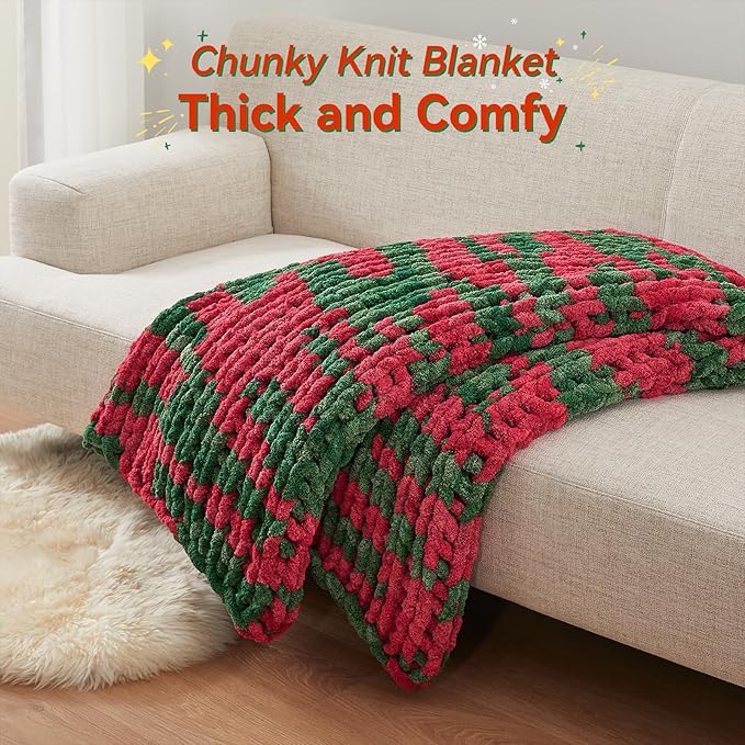 Negwoo Chunky Knit Throw Blanket, 30''*40'' Knitted Throw Chenille Yarn for Bed Couch, Handmade Stripe Crochet Big Thick Blanket, Machine Washable Cute Comfy Blanket for Home Decor