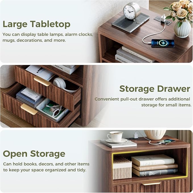 IRONCK Fluted Night Stand Set of 2, Modern Nightstand with Charging Station, Drawers and Open Shelves - Bedside Table Wood Side Table Set for Bedroom (Walnut) - Image 4