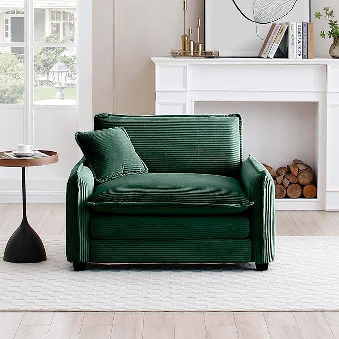 KEIKI 46" Oversized Corduroy Modular Sectional Single Sofa with High-Density Foam Cushions, Removable Armrests, Upholstered Retro 1-Seater Lounge Accent Chair with 1 Pillow, for Living Room, Green