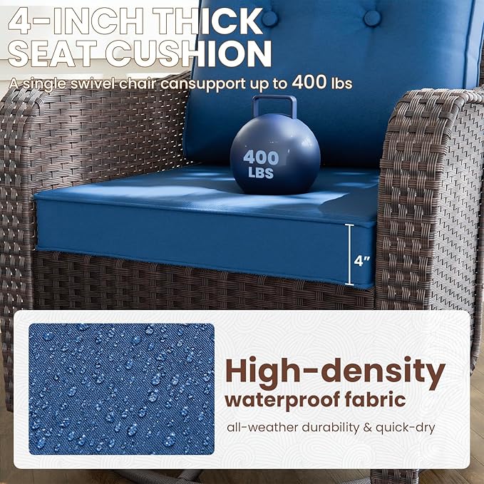 Gotland 11 Pieces Patio Furniture Set with Fire Pit Table Swivel Chairs, PE Rattan Outdoor Furniture with 29.5'' High Backrest 4’’ Thick Cushions, Outdoor Sectional for Porch, Deck, Garden, Navy