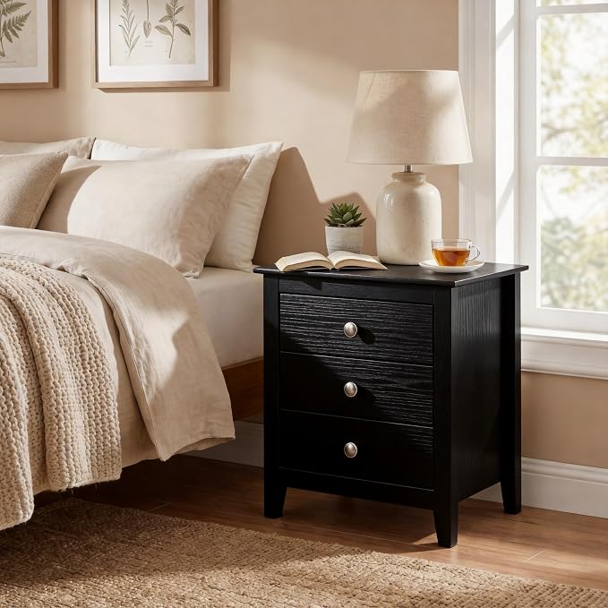 KOMFOTT Modern Farmhouse Nightstand with 3 Drawers Set of 2, Bedside Table with Wood Grain Fronts & Sleek Knobs, Wooden End Table Sofa Side Table for Bedroom Small Spaces (Black,2) - Image 2