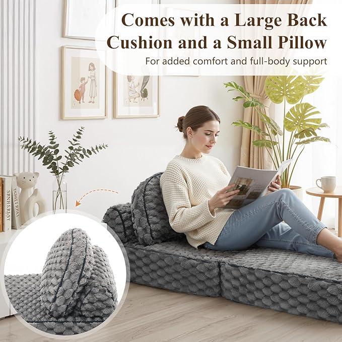 COLAMY Folding Sofa Bed, 3-in-1 Convertible Sleeper Chairs with Pillow,Back Support, Fuzzy Fabric Floor Couch Bed for Adults, Boneless Couches Living Room, Bedroom, Apartment, Grey