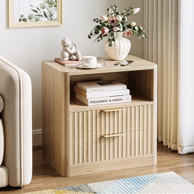 IRONCK Fluted Night Stand Set of 2, Modern Nightstand with Charging Station, Drawers and Open Shelves - Bedside Table Wood Side Table Set for Bedroom, Oak - Image 8