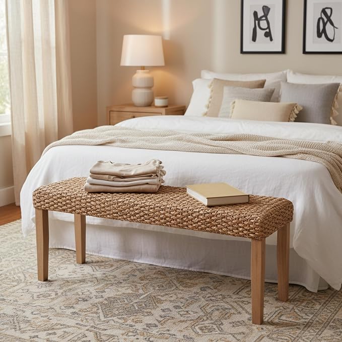 Indoor Bench Wicker for Entryway Bench, Wood Bench for Living Room Dining Bench or End of Bed Bench, 47" Boho Bench with Solid Wood Acacia & Natural Woven Seat, Rustic Farmhouse Rattan Hallway Bench - Image 2