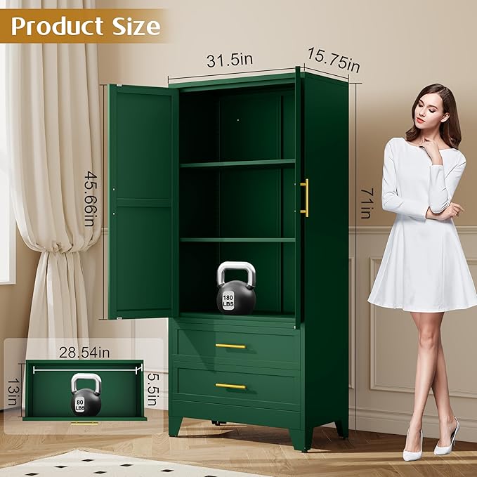 GAIOUS Steel Pantry Cabinet, 71" Metal Storage Cabinets with 2 Doors, 2 Adjustable Shelf and 2 Drawers, Freestanding Storage Cabinet for Bedroom, Kitchen, Home Office (Green)