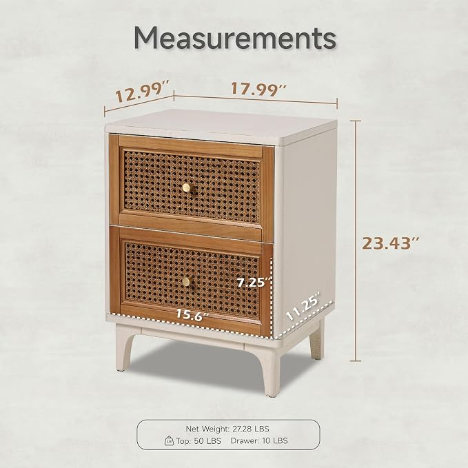 COZAYH Set of 2 Fully-Assembled 2-Drawer Woven Cane Front Accent Nightstand with Brass Knobs, Distressed White - Image 3