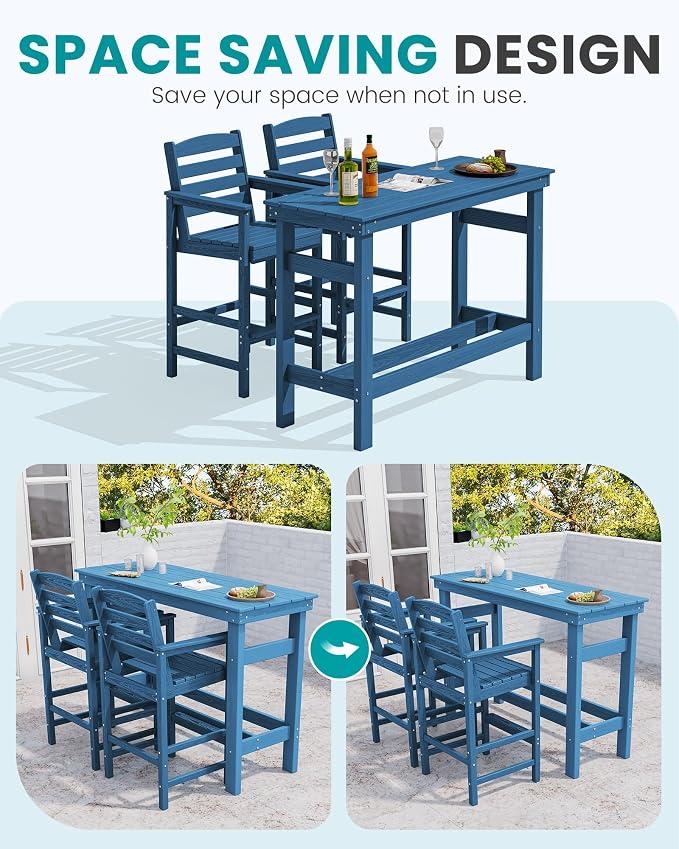 SERWALL Outdoor Bar Table and Chairs Set, Adirondack Bar Chairs Set of 2 and Bar Height Table, All Weather HDPE Patio Bar Set, Outdoor Furniture for Outside, Blue - Image 7