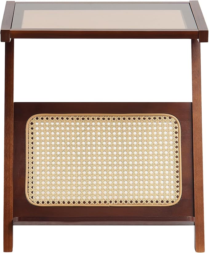 VEVOR Rattan Coffee Table, Z-Shaped Rattan Woven Bamboo Coffee Table with Tempered Glass Top, 20” Modern Boho Storage Table with Natural Bamboo Legs, for Living Room, Bedroom & Small Spaces