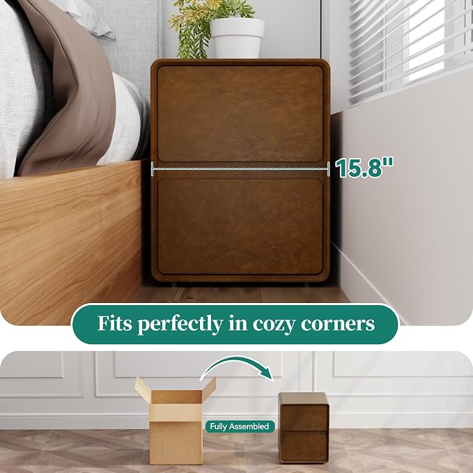 15.8" W Leather Narrow Nightstand Set of 2, Modern Fully-Assembled Bedside Table with 2 Drawers, Night Stand Small End Table & Side Table for Bedroom, Brown - Image 6