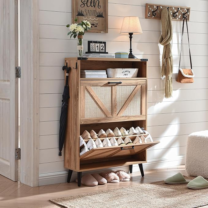 Barnyatoh Shoe Storage Cabinet, Boho Rattan Shoe Organizer with 2 Flip Drawers,Farmhouse Freestanding Hidden Slim Narrow Shoe Rack Cabinet with Open Shelves for Entryway, Foyer,Hallway, Natural - Image 7