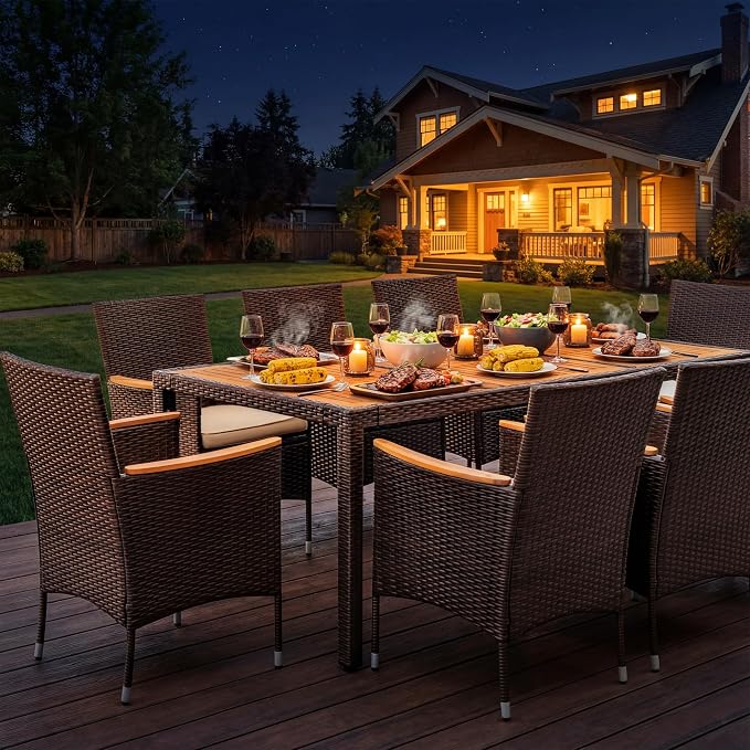 Devoko Outdoor Patio Dining Sets 9 Pieces Wicker Outdoor Dining Table and Chairs Set with Acacia Wood Table Top and Widened Armrests for Backyard, Garden, Deck (Brown) - Image 5