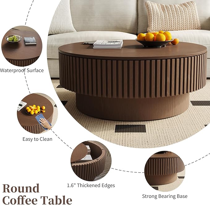 Round Coffee Table with Storage, Modern Fluted Wood Coffee Tables with Sturdy Base, 31.5" Drum Circle Center Tea Table for Living Room Apartment, Easy Assemble - Walnut