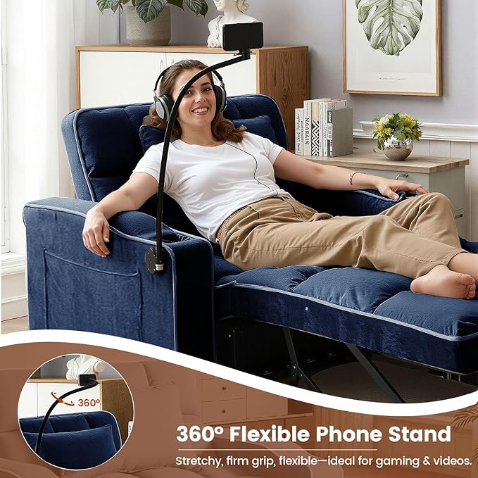 Sleeper Chair, Convertible Pull Out Chair Sleeper with Bracket and Cup Holder, Chairs Bed Sleepers for Adults, 3 in 1 Sofa Bed Chairs for Small Spaces, Living Room, Blue