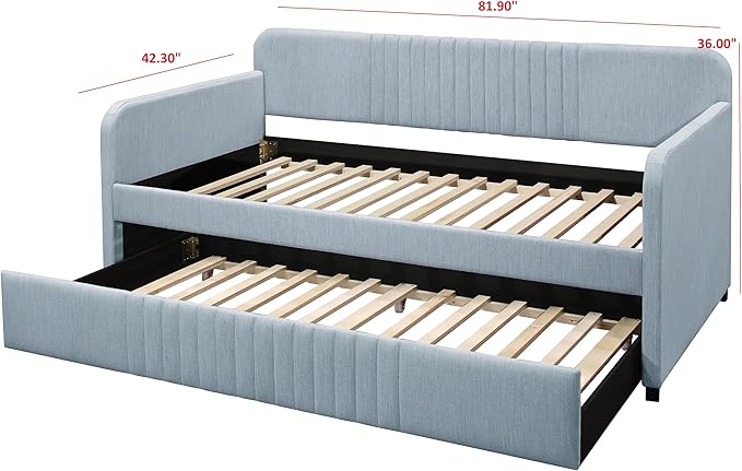 Home Design Amelia Twin Daybed with Pull-Out Trundle, Linen Upholstery, Track Arms, Rounded Backrest with Vertical Channel Tufting, Slat Support, Light Blue