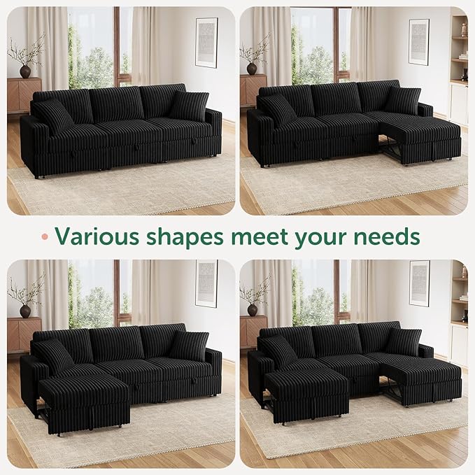 HONBAY 94.5 Inch Sectional Sofa, Modular L & U Shaped Pull Out Couch with Adjustable Backrest & Storage, Velvet Black