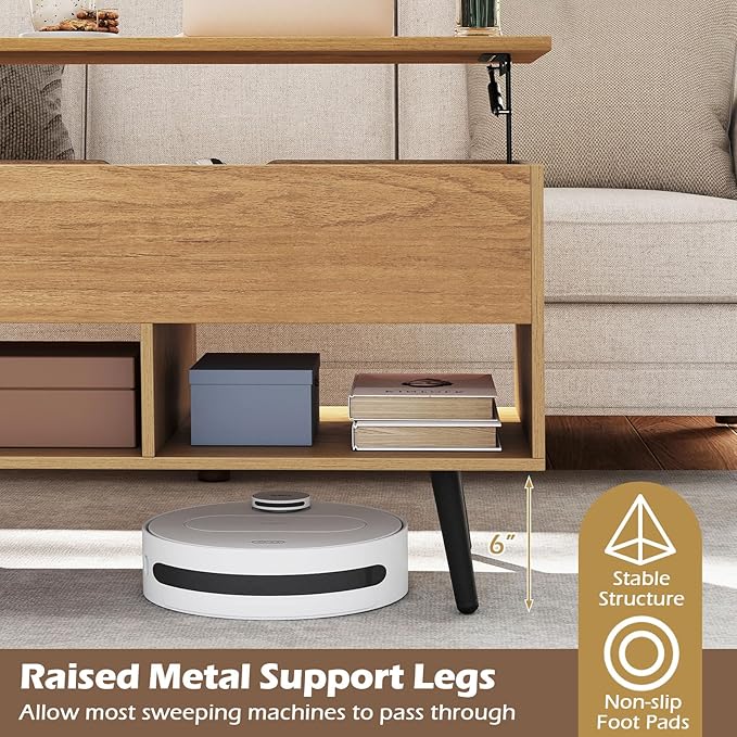 Giantex Lift Top Coffee Table, Modern Cocktail Table w/Hidden Compartment & 2 Open Shelves, Flip Top Center Table, Wooden Pull up Coffee Table for Living Room, Reception Room, Office (Natural)
