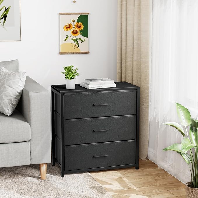 Memobarco Nightstand with 3 Drawers for Bedroom, Storage Dresser with Fabric Drawers and Metal Frame for Closet, Living Room, Bedside Table with Wood Top, Easy Pull Handle, Black - Image 7