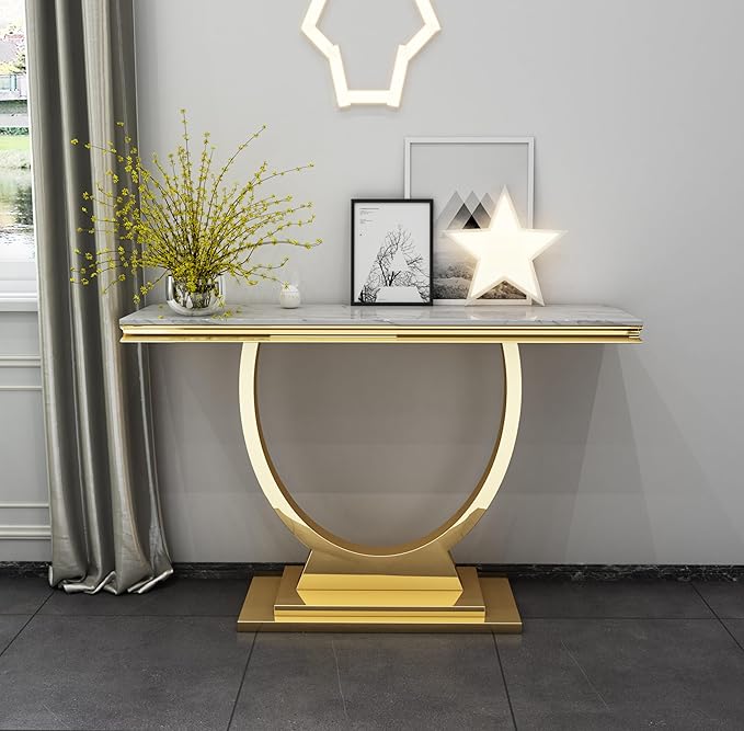 Modern Marble Console Table, Rectangular White and Gold Marble Sofa Tale with U-Shape Stainless Steel Base with Gold Mirrored Finish for Living Room (Gold2)