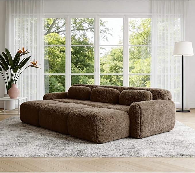 114.7" Sectional Sofa Bed, 6-Seater Modular Sleeper Boneless Couch with Movable Ottoman, Plush Convertible Sofa Set Deep Seat Couches for Living Room, Bedroom and Apartment, Chocolate