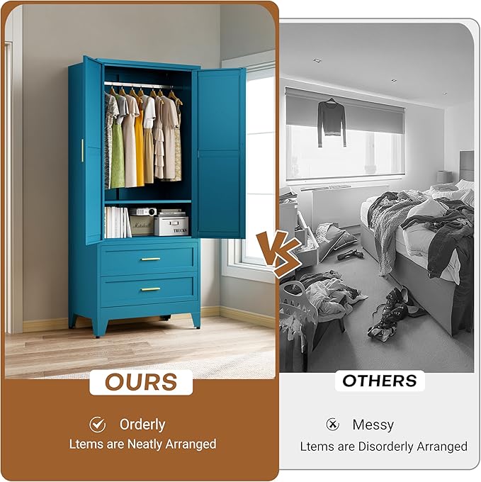 Metal Armoire Wardrobe Closet with 2 Drawers, 71" Wardrobe Cabinet with Adjustable Shelf & Hanging Rod for Bedroom, Blue Metal Closet Storage Cabinet with 2 Doors & Drawers