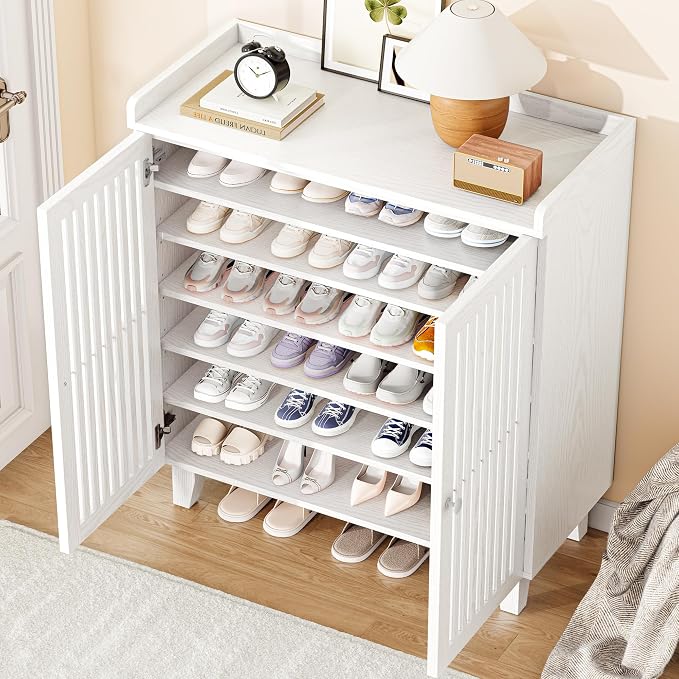 IRONCK Shoe Cabinet with Slatted Doors, 6-Tier Shoe Storage Cabinet with Adjustable Shelves, Wooden Shoe Rack Organizer for Entryway, Hallway, Closet, Living Room, White - Image 3