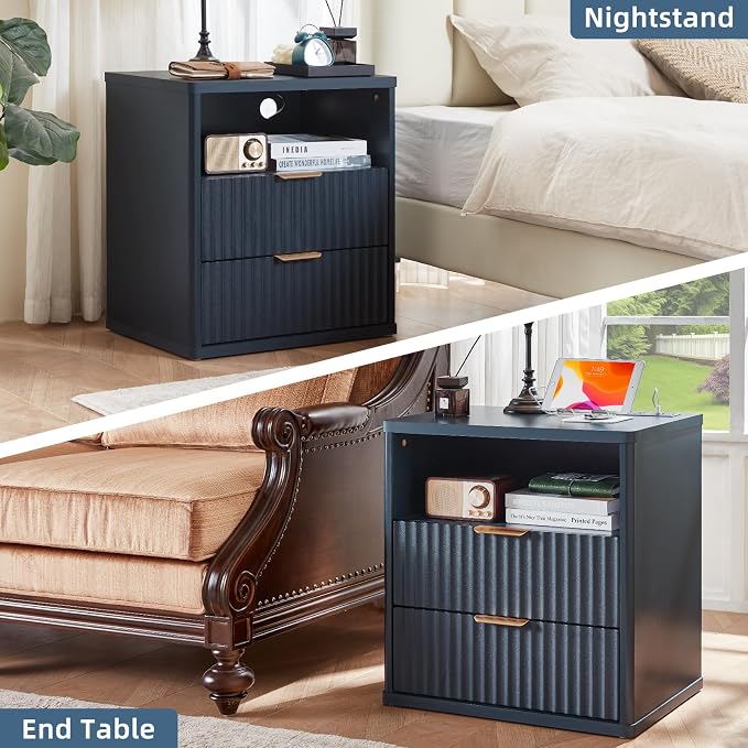 LEYAOYAO Fluted Nightstand with Charging Station, 23" Wide 2 Drawers End Table,Night Stand with Open Storage Cabinet, Farmhouse Bed Side Tables, Wood Dresser for Bedroom, Living Room, Closet, Blue - Image 9