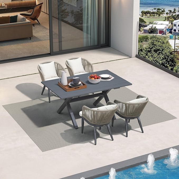 PURPLE LEAF 5 Pieces Patio Dining Set Wicker Outdoor Furniture Rectangular Table and Chairs Set for Garden Deck Aluminum Frame Backyard Kitchen Set, Cushions and Pillows Included Taupe by PURPLELEAF