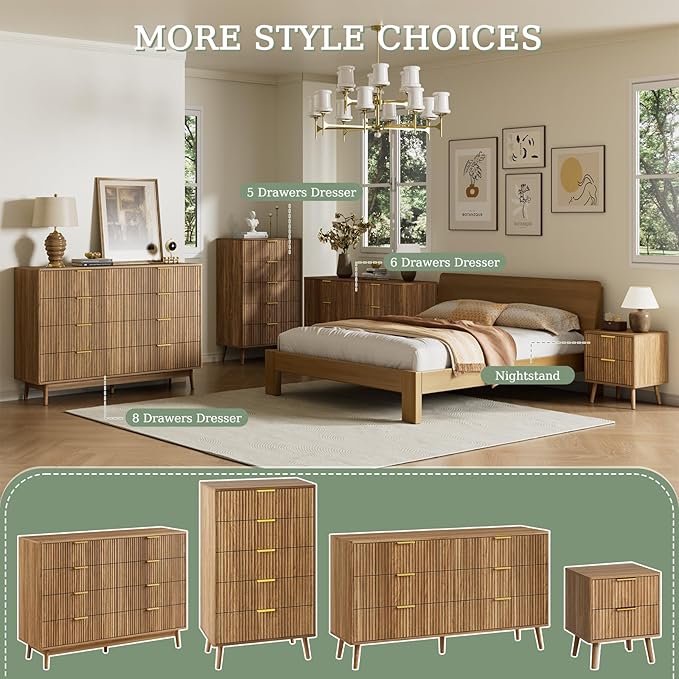LYNSOM Fluted Dresser and Nightstand Sets 3 Piece, 5-Drawers Dresser and 2-Drawer Nightstands Set of 2, Wood Bedroom Furniture Set for Home, Bedroom, Hallway, Walnut