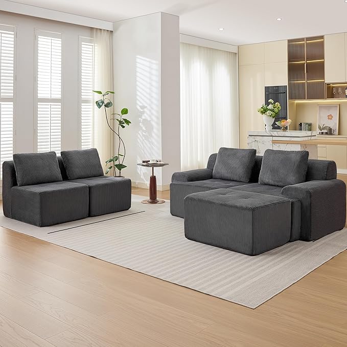 Modular Sectional Sofa, Boneless Couches for Living Room, Corduroy Couch, Big Comfy Couch, Modular Cloud Sofa with Deep Seat (Grey, 5 Pieces-Side Shape)
