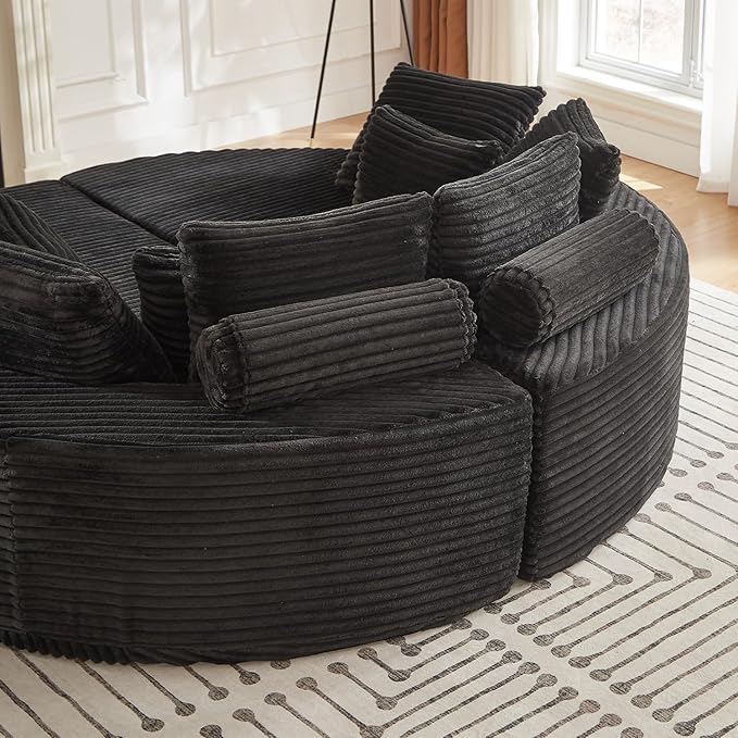 ERYE Oversized Round Sofa Chaise Daybed Comfy Corduroy Couch Boneless Sleeper Recliner Sofabed with 10 Pillows and Headrests