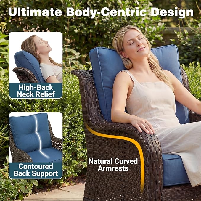 Patio Furniture Set, 3PCS Outdoor Wicker Conversation Set with 6" Thick Cushions, High Back Swivel Rocker Chairs, Weather Resistant Olefin Fabric for Garden, Poolside, Navy Blue