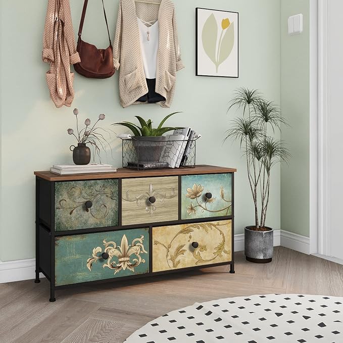 Tohomeor Dresser with Drawers for Bedroom Chest of Drawers Fabric Dresser for Closet,Nursery Entryway Hall Tree TV Stand for Living Room Retro Floral Pattern Drawers Wooden Top (5 Drawers) - Image 2