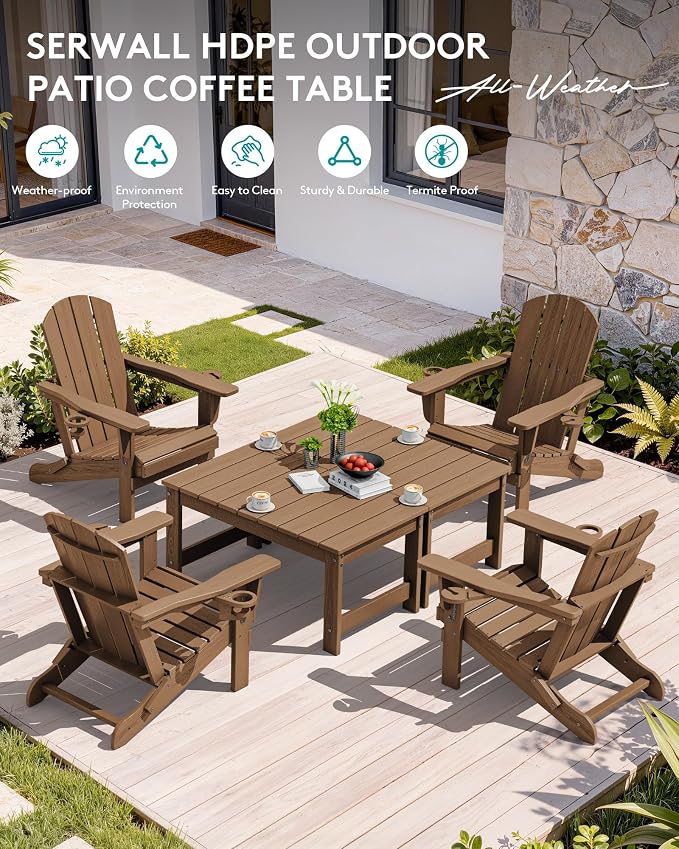 SERWALL Outdoor Coffee Table with 1.69" Umbrella Hole, HDPE Patio Coffee Table for Outside, Rectangle, Brown - Image 9