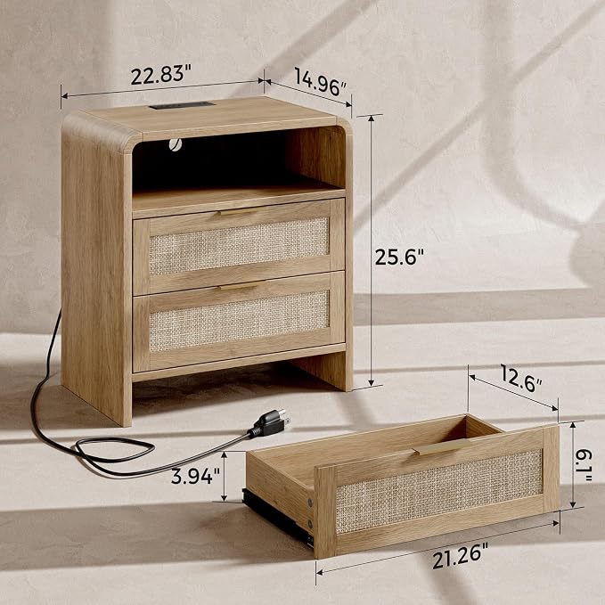 Evermagin Rattan Nightstand Set of 2 with Charging Station, 23" Large Oak Night Stand with 2 Rattan Drawers, Boho Bedside Table Tall End Table with Outlet for Bedroom - Image 2