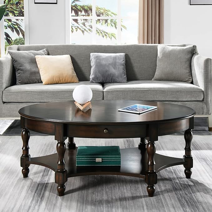 Solid Wood Oval Coffee Table with Drawer and Storage Shelf, 44.9" Traditional Retro Center Table Polished Edging Cocktail Tea Table for Living Room Bedroom Home, Vintage Walnut