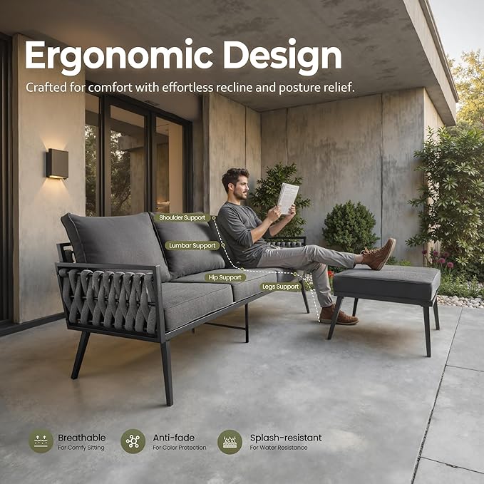 Outdoor Patio Furniture Set, 6-Piece Metal Conversation Furniture Sofa with Coffee Table, All Weather Patio Couch Sofa with Thick Cushions for Balcony Backyard,Black