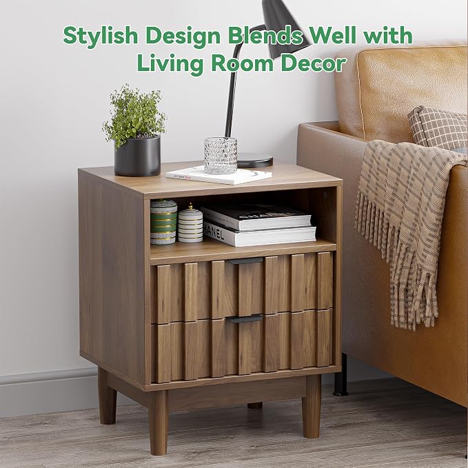 Fluted Nightstand Set of 2 with 2 Drawers, 19" Wide Night Stand with Solid Wood Legs, Open Storage Shelf, Mid Century Modern Wooden Bedside Table for Bedroom, Bed End Side Table, Walnut - Image 6