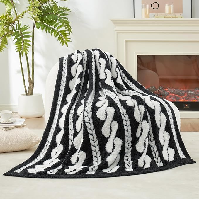 Amélie Home Knit Throw Blanket for Couch, Super Soft Fuzzy Cozy Throw, Giftable Knitted Blanket for Women Men, Birthday, Sofa Bed Living Room Decor, 50" x 60", Cable Black & White