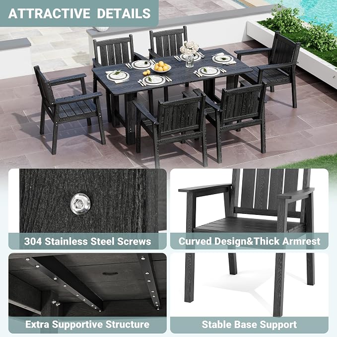 Pamapic 7 PCS Outdoor Dining Set, Spacious HDPE Outdoor Table and Chairs, Wood Grain Patio Furniture Sets with Elegant Armrest, All-Weather Patio Dining Table with Umbrella Hole, Black - Image 7